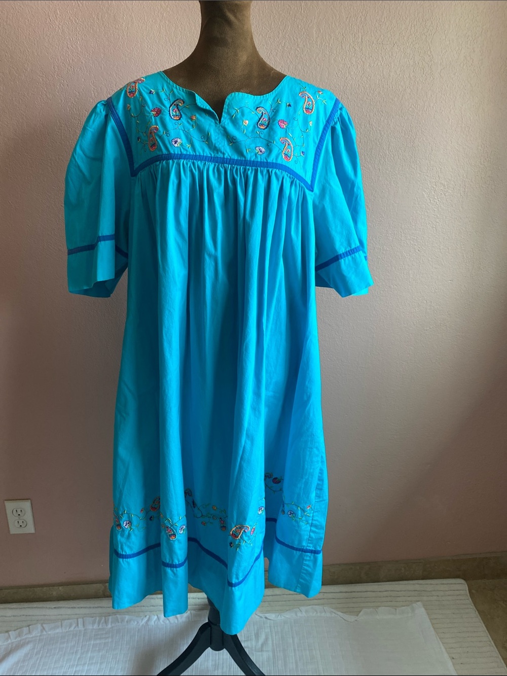 BECHAMEL 100 % Cotton Turquoise Embroidered Peasant Dress